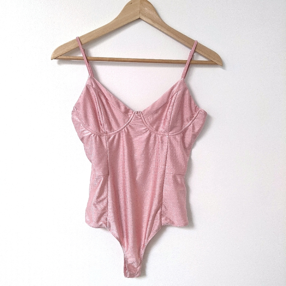 pink shiny corset top bodysuit with bottom snaps, medium
